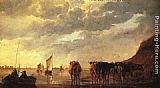 Cows Canvas Paintings - Herdsman with Cows by a River